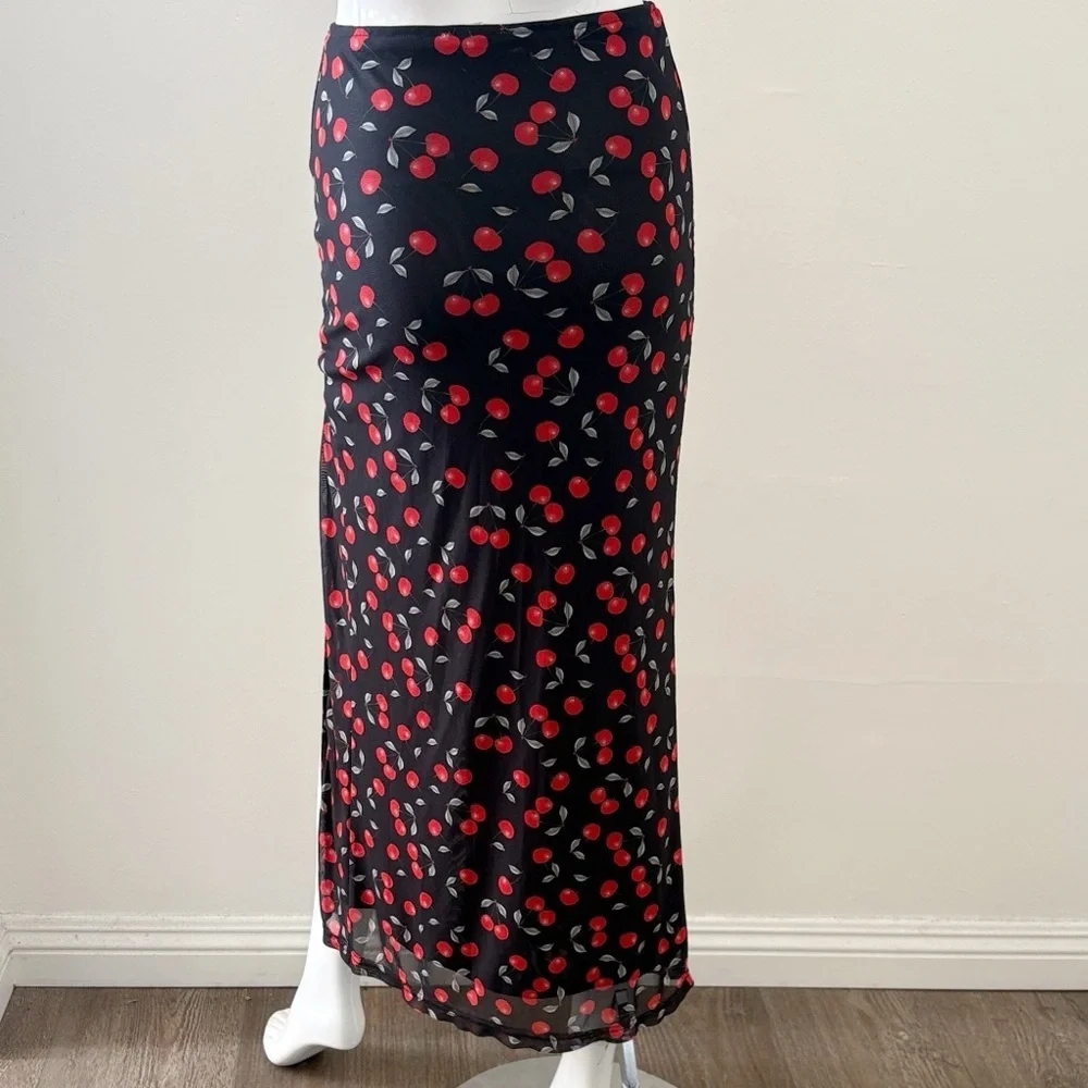 Bailey Rose Cherry Print Black Mesh Maxi Skirt w Slit up the Side Leg Revolve